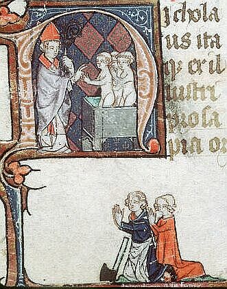 Un couple de bouchers agenouillés sous l'image de Saint Nicolas